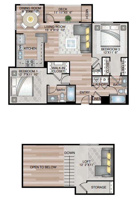 Floor plan for 2 beds, 2 baths, 1381 sqft